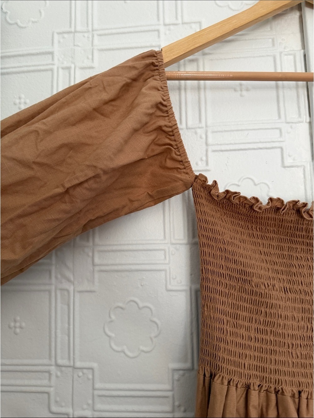 Petal + Pup Brown Linen Blend Smocked Midi Dress Puff Sleeve Size L Cottagescore - Picture 7 of 10